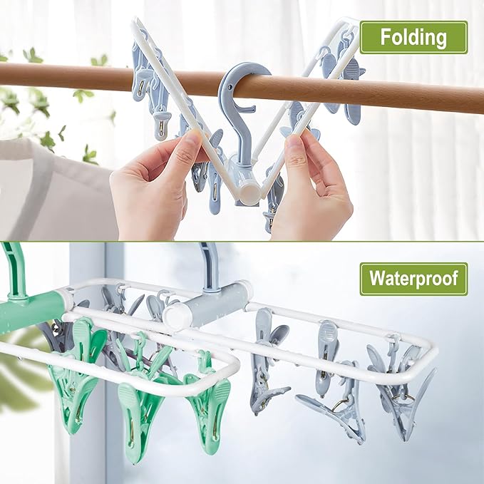 Clothes Drying Hanger with 12 Clips, 2 Pack Folding Portable Hanging Drying Rack,Drip Foldable Hanging Rack, 360° Rotatable Hook for Drying Towels Bras Baby Clothes Gloves Plastic(Blue&Green)-CubbioJoy