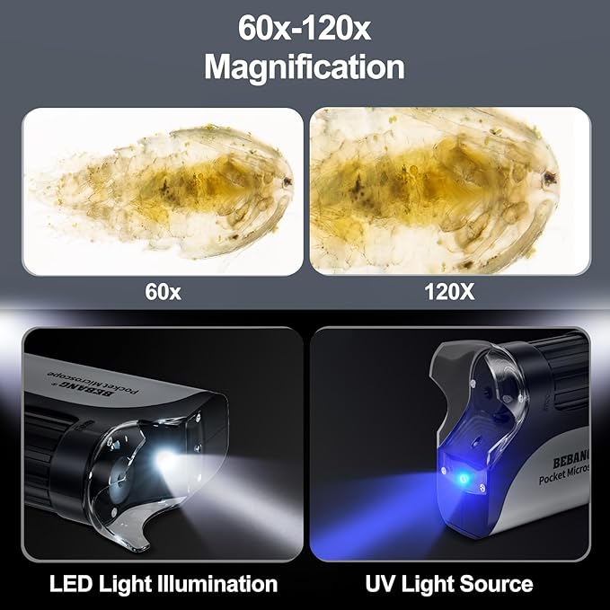 BEBANG Pocket Microscope,60X-120X Handheld Mini Microscope for Kids with LED Lighted Zoom, Portable Microscope Kits with 5 Pcs Slides for Adults Microbiological Observation Preschool Home Study Gifts-CubbioJoy