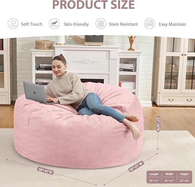 3FT Bean Bag Chair, Comfy Bean Bag Chairs with Memory Foam Filled, Fluffy Beanbag Sofa with Dutch Velvet Cover, Round BeanBag Chairs for Living Room, Playroom - Light Pink-CubbioJoy