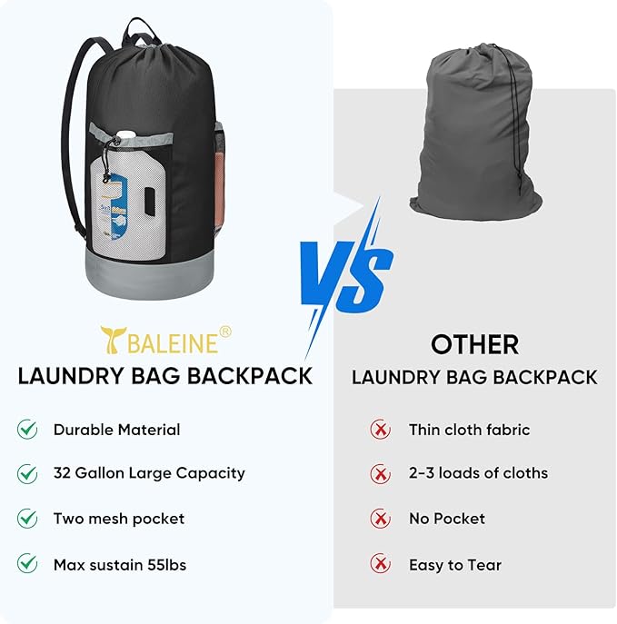 BALEINE 120L Laundry Bag Backpack, 900D Oxford Fabric Large Travel Laundry Bags with Shoulder Straps and 2 Mesh Pockets for College Dorm, Apartment, Laundromat (Black, 120L)-CubbioJoy