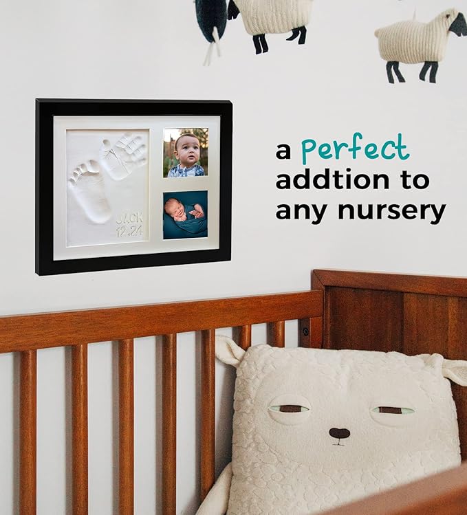 Baby Hand & Footprint Clay Keepsake Photo Frame Kit - w/Silicone Stencil for a Personalized Gift. Wood Frame, Wall/Table Mount. Perfect Registry, Baby Shower, New Mom, Birthday & Newborn Gift - Black-CubbioJoy
