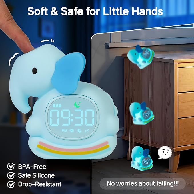Alarm Clock for Kids with Night Light, Sleep Training Clock Time to Wake Clock, Rechargeable Silicone Light for Bedroom, Perfect Sleep Companion for Boys Girls，Blue Elephant-CubbioJoy
