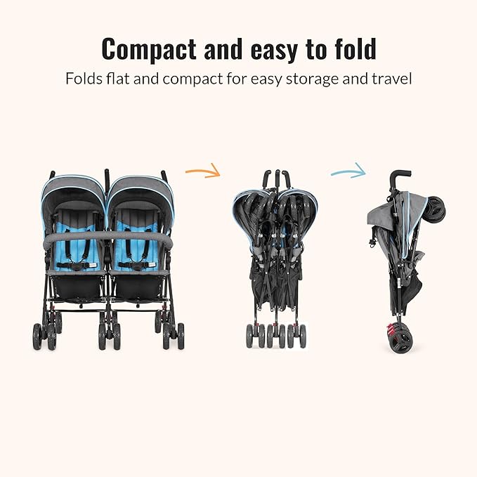 Dream On Me Volgo Twin Umbrella Stroller in Blue, Lightweight Double Stroller for Infant & Toddler, Compact Easy Fold, Large Storage Basket, Large and Adjustable Canopy-CubbioJoy
