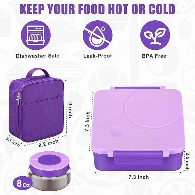 Bento Lunch Box for Kids with 8oz Soup Thermo&Lunch Bag, Leak-Proof Lunch Food Containers with 4 Compartment, Hot Food Insulated Food Jar for Kids School (Purple)-CubbioJoy