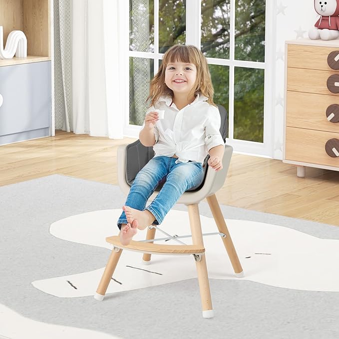 BABY JOY Baby High Chair, 3-in-1 Convertible Wooden Highchair for Babies & Toddlers, Infant Feeding Chair w/ 5-Point Safety Harness, Footrest, Adjustable Legs, Removable Tray & PU Cushion (Dark Gray)-CubbioJoy