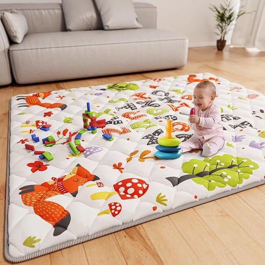 Baby Play Mat 71" X 59" Playpen Mat Upgraded Thicken Baby Floor Play Mat Non-Slip Cushioned Crawling Mat Waterproof Activity Playmats for Babies Toddlers Infants (71X59, Letter Fox)-CubbioJoy