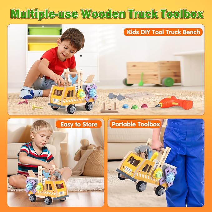 Aliex 38PCS Kids Wooden Truck Tool Set with Toy Drill for Toddlers Ages 3 4 5 6,Montessori STEM Educational Learning Construction Workbench Pretend Play Tool Kit,Birthday Sensory Gift for Boys Girls-CubbioJoy
