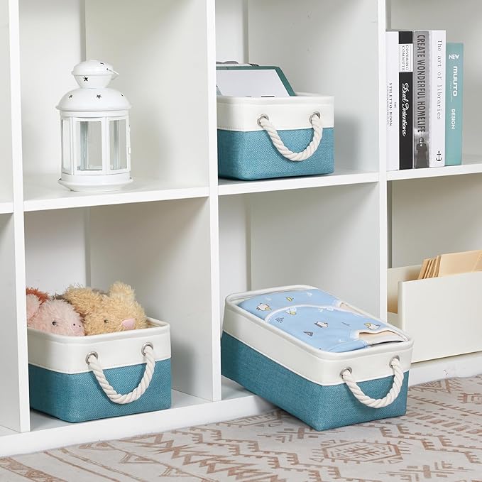 Bidtakay Small Storage Baskets for Shelves 3 Pack Fabric Storage Bins for Organizing Linen Collapsible Organizer for Closet-White&Teal-CubbioJoy