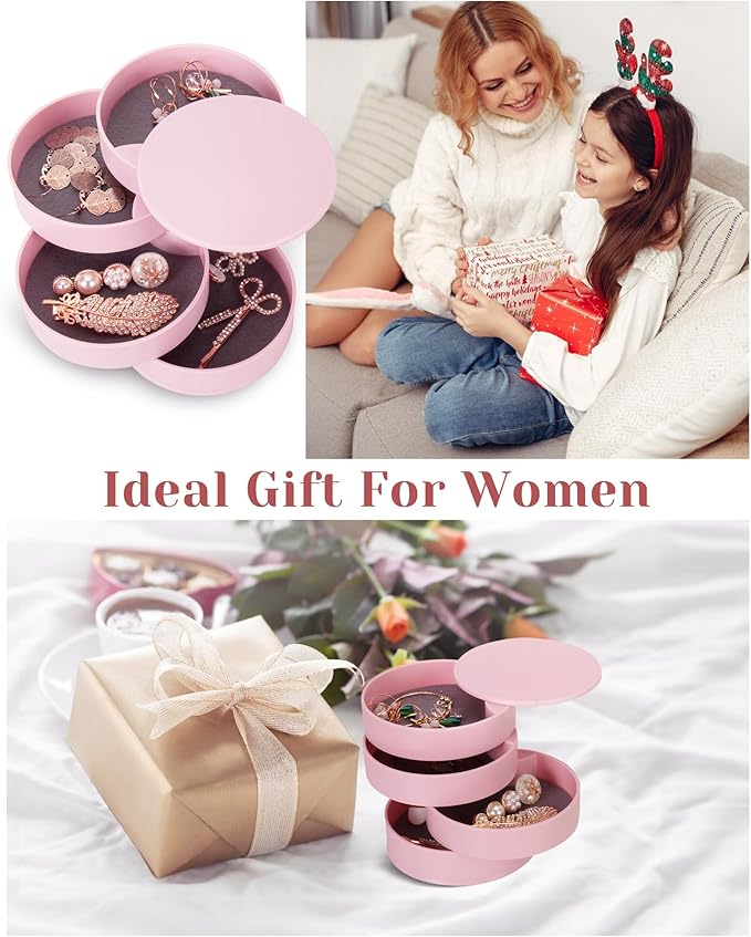 CONBOLA Jewelry Organizer, Small Jewelry Storage Box Earring Holder for Women, 4-Layer Rotating Travel Jewelry Tray Case with Lid for Bracelets Rings Bracelets, Gift for Women Teen Girls-CubbioJoy