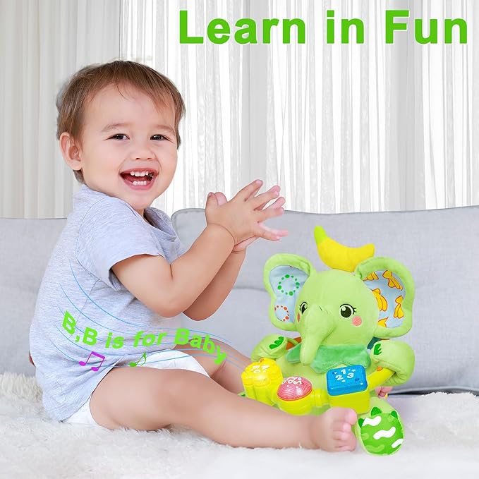 Baby Elephant Musical Stuffed Animals Toy with Light-Up Music & Crinkle Sound Paper,Infant Bilingual Early Learning Education Toys,Tummy Time Toys for 0-3-6-12+ Months Boy Girl, Green-CubbioJoy