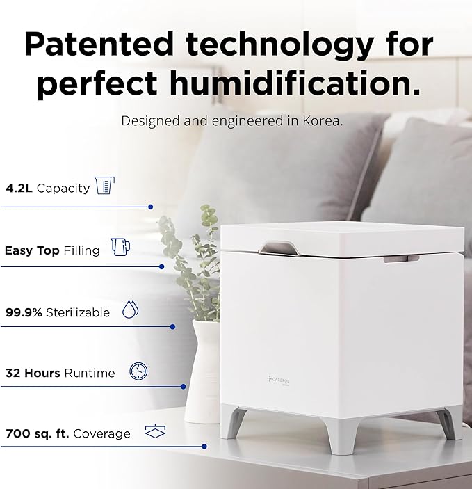 Carepod Cube Plus X50V Stainless Steel Humidifier - Easy to Clean, 3 Mist Level settings, Auto-Humidity & Auto Shut-Off Feature, One Touch Built-in Sanitization, No Filters, Lasts 32Hrs (1.1Gal/4.2L)-CubbioJoy