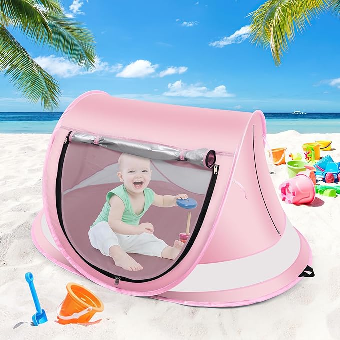 Baby Beach Tent,Large Pop Up Beach Tent Sun Shade for Beach,Portable Baby Travel Tent with Mosquito Net,Indoor Baby Play Tent,UPF 50+ UV Protection Sun Shelters for Infants-CubbioJoy