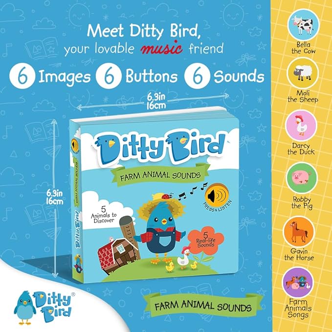Ditty Bird Farm Animals Sound Book for Toddlers | Interactive Farm Board Book with Real Animal Sounds | Touch & Sound Book for Ages 1-3 | Sensory, Musical Book for Toddlers-CubbioJoy