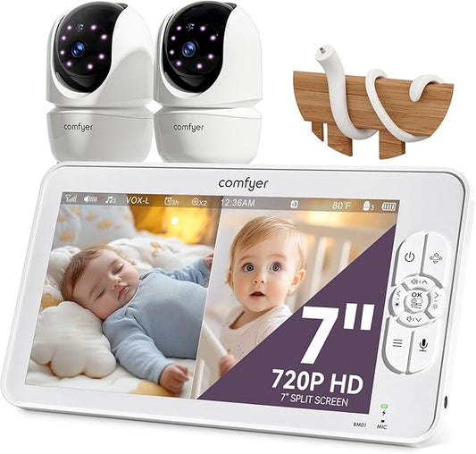 7" Split-Screen Baby Monitor with 2 1080P Cameras, 720P HD No WiFi Monitor with a Flexible Bracket, Video Baby Monitor with Camera and Audio, 2 Way Audio, Remote PTZ, Auto Night Vision-CubbioJoy