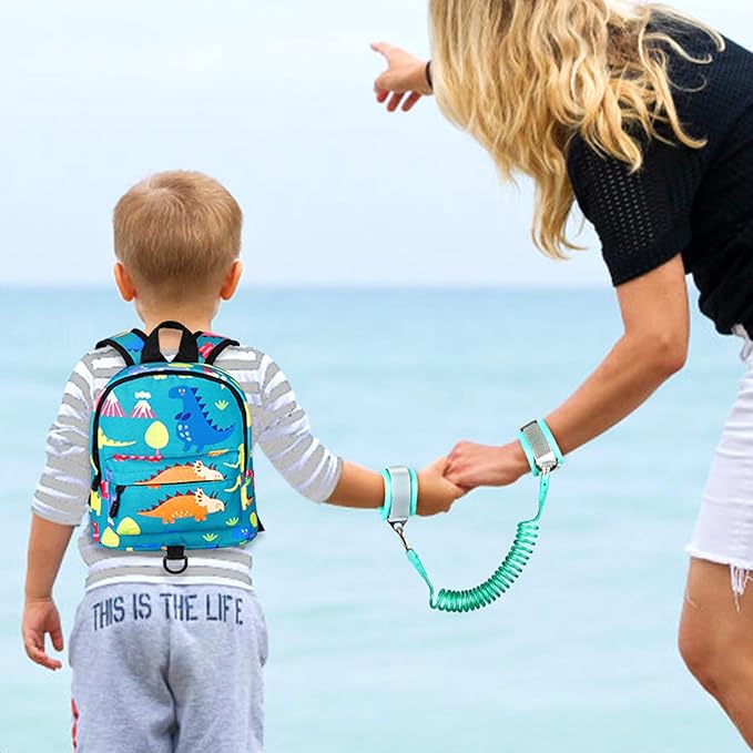 Accmor Toddler Backpack Leash with Anti Lost Wrist Link, Cute Mini Child Walking Harnesses Keep Kids Close Back Pack Rope Tether Rein for Baby Boys (Turquoise/Dino)-CubbioJoy
