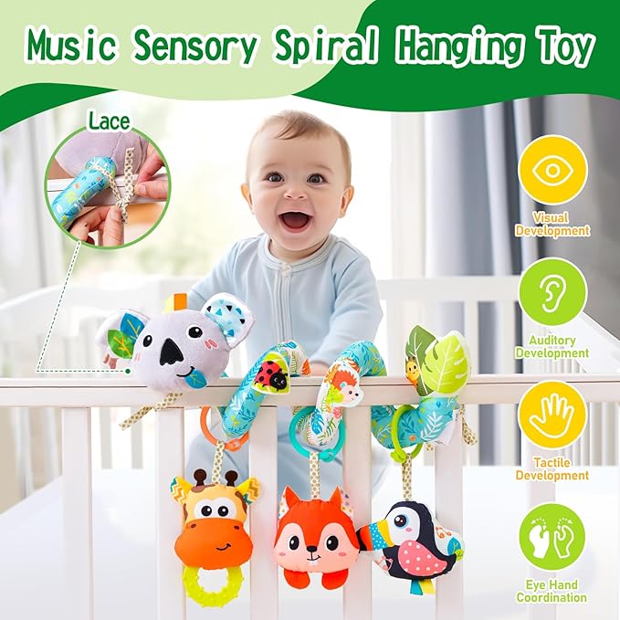 Jollybaby Crib Stroller Car Seat Toys for Baby 0-3-6-9-12 Months, Tummy Time Hanging Sensory Toys for Newborn with Music Box and Teether, Spiral Carseat Toy for Infant Boys Girls Gifts (Grey)-CubbioJoy
