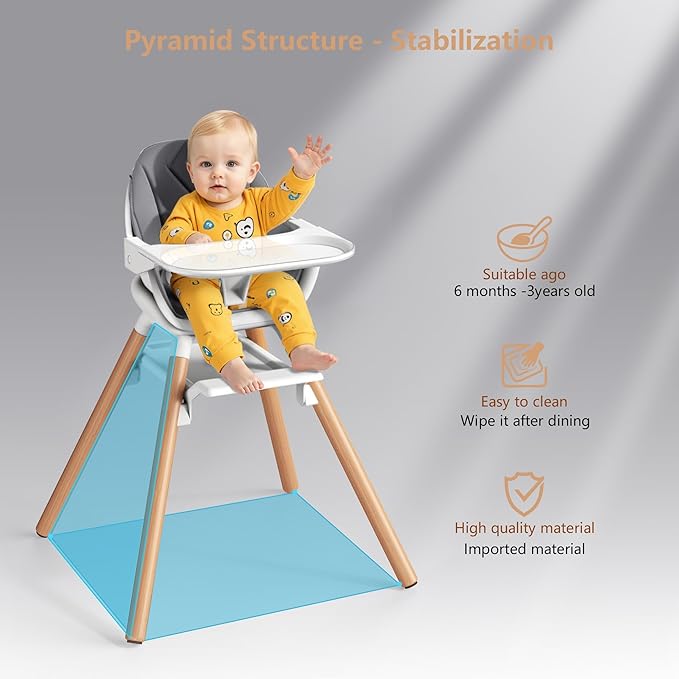 Baby High Chair, Highchair for Baby & Toddler, Easy Clean Infant Highchair, 6 in 1 Feeding High Chair with Removable Double Tray and Waterproof PU Cushion, Wooden Legs, Grey-CubbioJoy