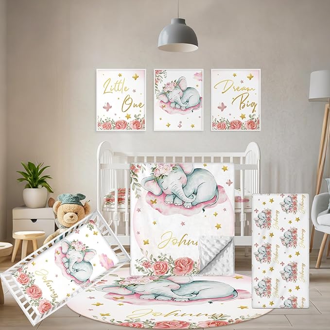 Custom Baby Crib Bedding Set, 5 Pcs Personalized Name Baby Crib Sets for Infant Toddler, Floral Elephant Nursery Bedding Set for Baby Girls, Double Layer Baby Bedding Sets Customized Gifts-CubbioJoy