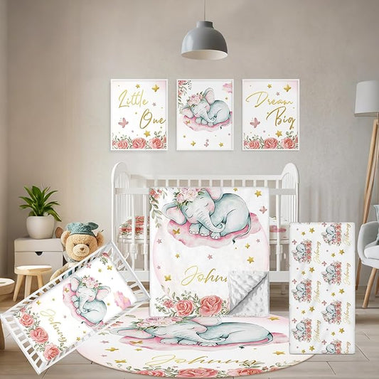 Custom Baby Crib Bedding Set, 5 Pcs Personalized Name Baby Crib Sets for Infant Toddler, Floral Elephant Nursery Bedding Set for Baby Girls, Double Layer Baby Bedding Sets Customized Gifts-CubbioJoy