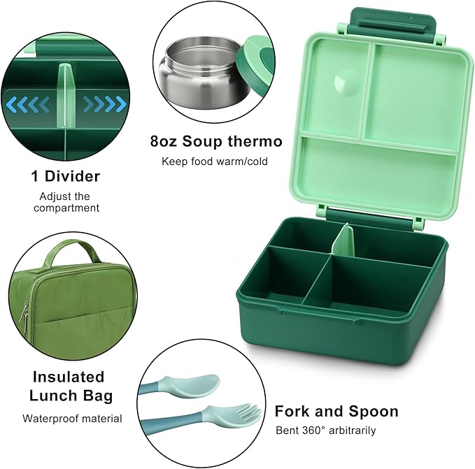 Bento Lunch Box for Kids with 8oz Soup Thermo&Lunch Bag, Leak-Proof Lunch Food Containers with 4 Compartment, Hot Food Insulated Food Jar for Kids School (Green)-CubbioJoy