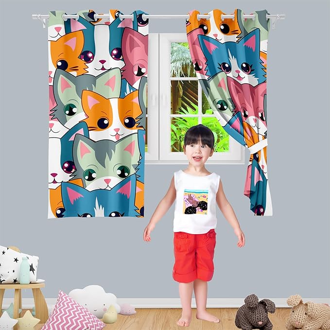 Cat Blackout Curtains for Girls - 2Pcs Cute Cartoon Cat Patterns Curtain Panels for Girls Bedroom Lovely Cats Drapes Darkening Window Curtain for Living Room Bedroom, 82" x 63"-CubbioJoy