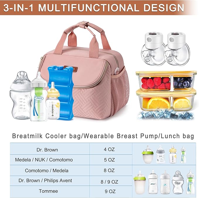 Breastmilk Cooler Bag with Ice Pack Fits 6 Baby Bottles up to 9 Ounce, Wearable Breast Pumps Cooler Bag for Nursing Mom Daycare, Work, Travel- Pink-CubbioJoy