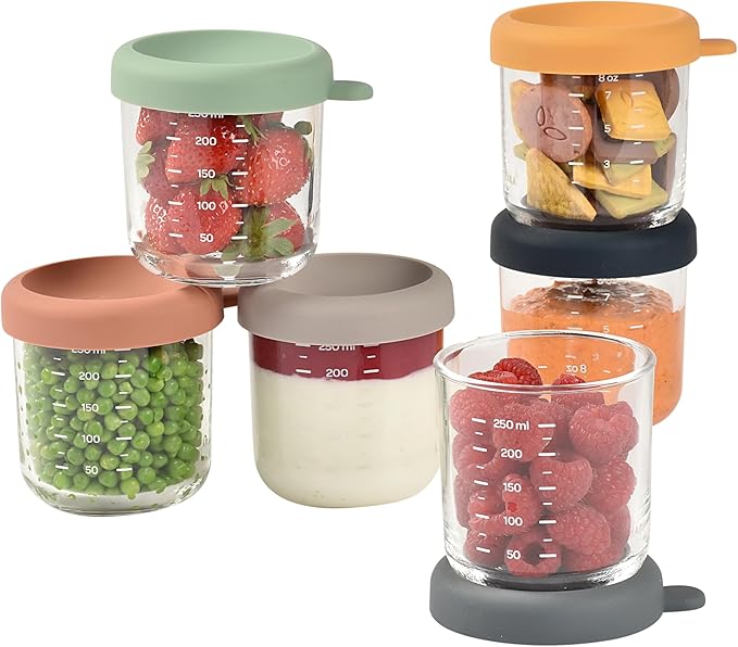 BEABA 6 Pack Glass Baby Food Jars with Soft Silicone Air Tight Lids, 8 oz Glass Storage Containers with Lids, Microwave and Freezer Safe Containers, Sunrise-CubbioJoy