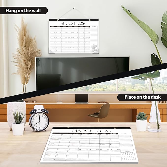 Desk Calendar 2025-2026, Monthly Desktop Large Calendar Runs Until December 2026 17" x 12" Desk Wall Planner for Family Office Teacher School, Black-White-CubbioJoy