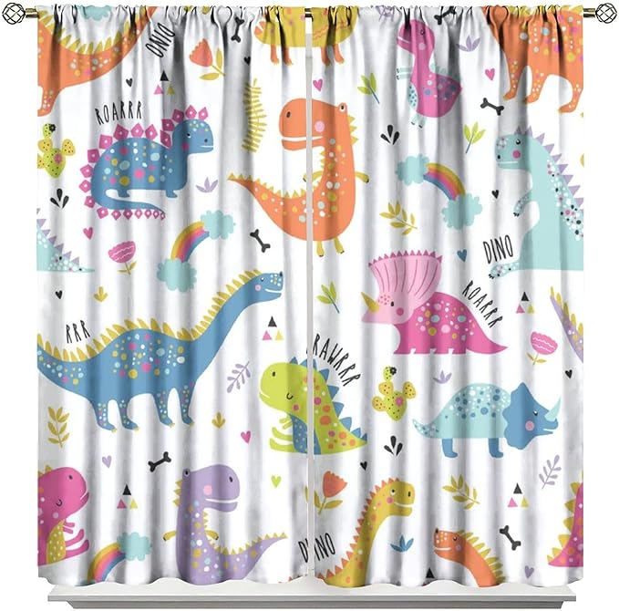 Cartoon Dinosaur Curtains for Boys Girls Home Decor Childish Cute Dino Animals Print Pattern Rod Pocket Blackout Window Drapes for Nursery Baby Bedroom Playroom W21xL45in Decor-CubbioJoy