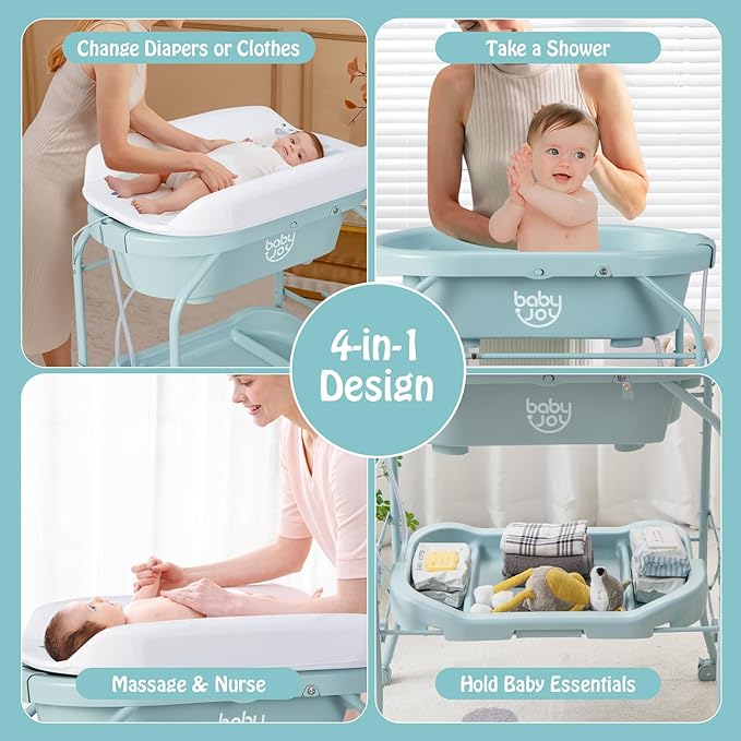 BABY JOY Baby Bathtub with Changing Table, Foldable Infant Diaper Changing Station with Storage Tray, Waterproof Pad, Portable Newborn Nursery Organizer Bath Stand with 4 Universal Wheels (Blue)-CubbioJoy