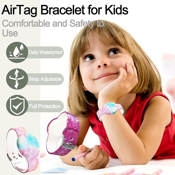 4 Pack Waterproof AirTag Bracelet for Kids, Hidden Printed Wristband for Apple Air Tag, Silicone AirTag Holder GPS Tracker Case for Band for Child Toddler, Secure Anti-Lost Protection-CubbioJoy