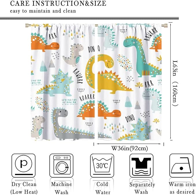 Dinosaur Curtains for Kids Boys Girls Home Decor Childish Cute Dino Animals Print Pattern Rod Pocket Blackout Window Drapes for Nursery Baby Bedroom Playroom W36xL63in 2 Panels-CubbioJoy