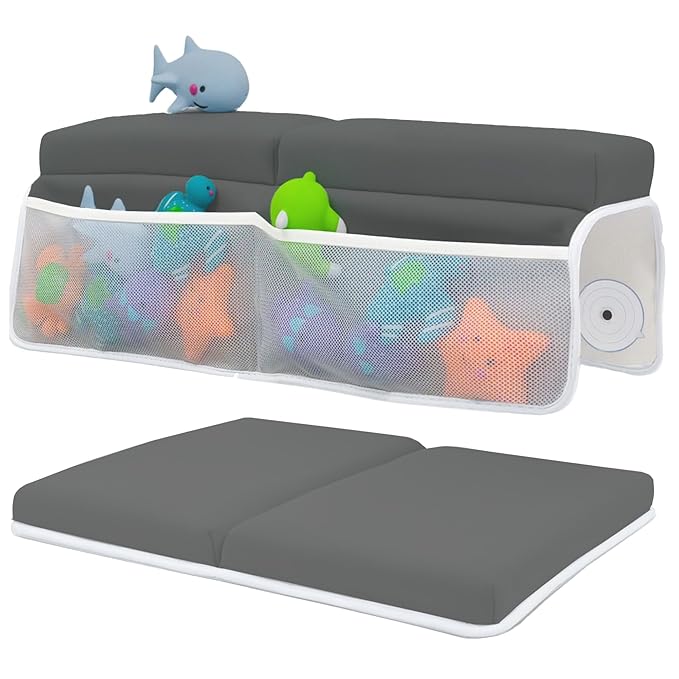 Comfortable Baby Bath Kneeler and Elbow Rest Pad Set – Thick Memory Foam Bath Kneeling Pad with Elbow Support – Baby Bathtub Cushion with Toy Organizer for Bathing Infant or Toddler - Dark Grey-CubbioJoy