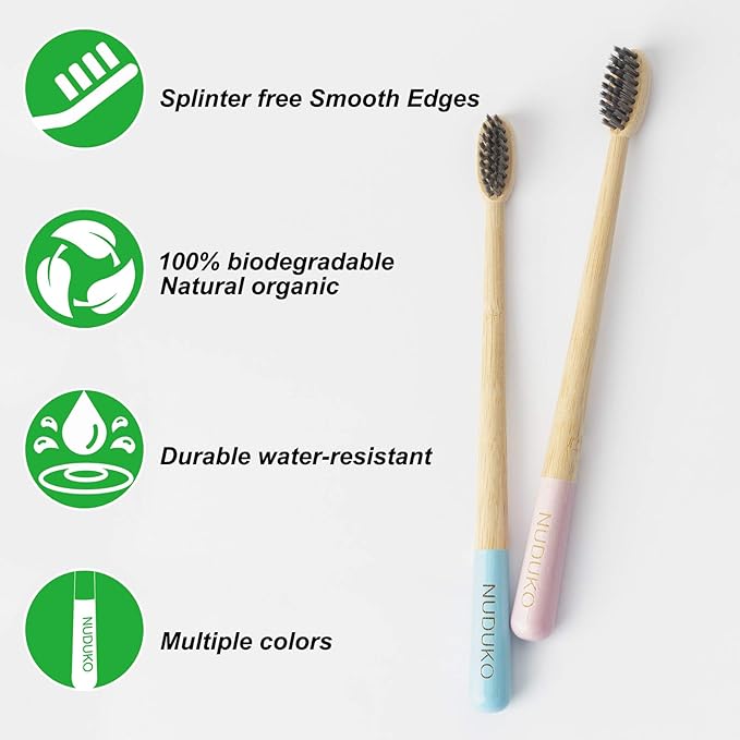 Biodegradable Bamboo Charcoal Toothbrushes, Soft Bristle, Eco-Friendly, Sustainable, BPA Free, Organic, Compostable, Travel Toothbrushes, 6 Pack-CubbioJoy