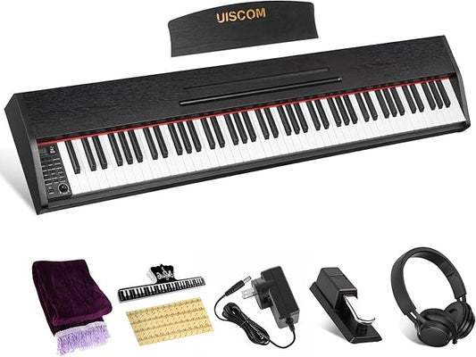 88 Key Digital Piano Keyboard for Beginners,Full Size Electric Piano Semi-Weighted Keyboard with Sheet Music Stand,Pedal,Headphone,Power Adapter,USB-MIDI Compatibility,Wood Grain Black-CubbioJoy