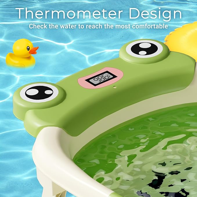 Baby Bathtub, Collapsible Newborn Bathtub for Infant to Toddler 0-24 Months with Soft Cushion and Thermometer,Portable Travel Newborn Tub with No-Slip Feet, Baby Shower Gifts,Green-CubbioJoy