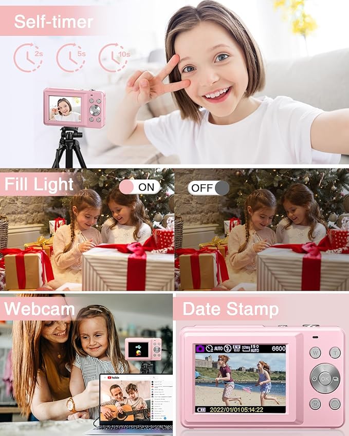 Digital Camera, FHD 1080P Point and Shoot Kids Camera, with 32GB Card, 2 Batteries, 16X Zoom Anti Shake Date Stamp, Compact Portable Small, for Starter Kid Children Teen Student Girl Boy(Pink)-CubbioJoy