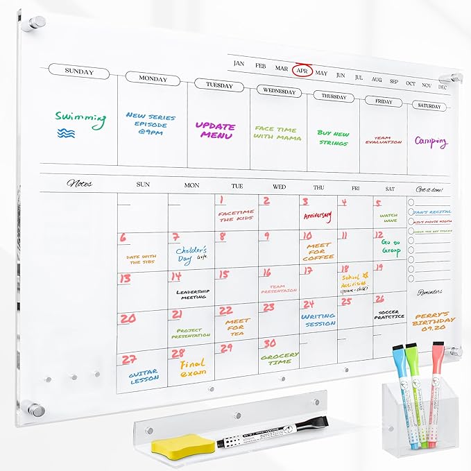 Acrylic Calendar for Wall - 24x18” Wall Calendar, Dry Erase Calender, Clear Calendar for Wall, Includes Magnetic Pen, Tray Holders, 4 Markers and 1 Eraser-CubbioJoy