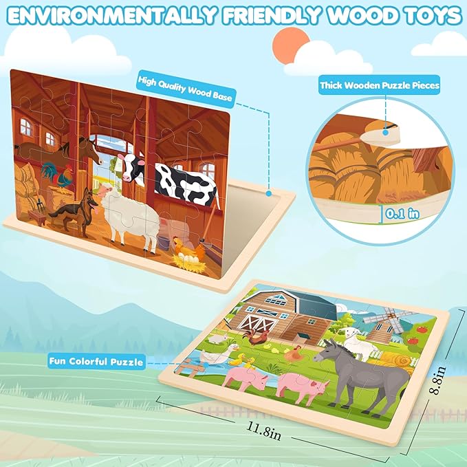 4-in-1 Farm Wooden Puzzles for Kids Ages 4-6, 24 PCS Wooden Jigsaw Puzzles for Toddlers Ages 2-4, Preschool Educational Puzzles Boards Toys Gifts for 3 4 5 6 Boys Girls-CubbioJoy