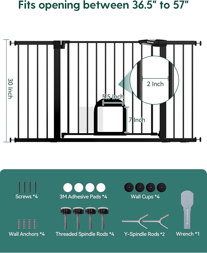 Babelio 36.5-57" Extra Wide Baby Gate with Cat Door,Auto Close&Two Way Swing,Pressure Mounted Dog Gates for Stairs,Doorways,Includes 4 Wall Cups and 3 Extension Pieces,Black-CubbioJoy