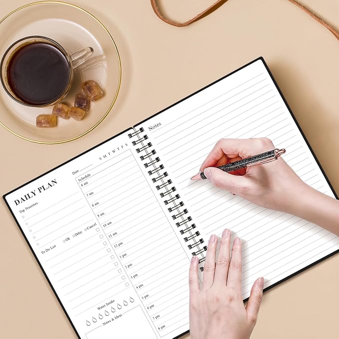 Daily Planner Undated - A5 To Do List Notebook Hourly Schedules, Spiral Appointment Planner for Women and Men, PVC Hardcover, Inner Pocket, Elastic Closure, 5.8" x 8.3", Black-CubbioJoy