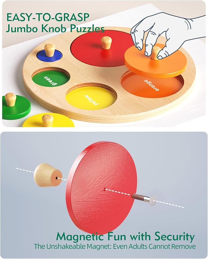 Boby Montessori Multiple Circle Puzzle Board, Knob Wooden Puzzle, Geometric Shape Puzzle Early Education Material Sensorial Toy for Toddler Shape & Color Sorter (Multiple Circle Puzzles)-CubbioJoy