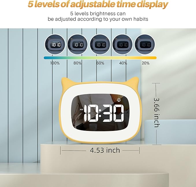 Kids Alarm Clock with Night Light & 18 Ringtones,Rechargeable,Cute Cat Ear Clock for Boys Girls Birthday Presents,Digital Clock for Children's Bedroom(Yellow)-CubbioJoy