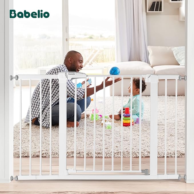 Babelio Metal Baby Gate, 29-48“ Auto Close Easy Install Pet Gate, Extra Wide Walk Thru Child Safety Gate, Pressure Mounted Dog Gate for Doorways & Stairs, with Y Spindle Rods, White-CubbioJoy