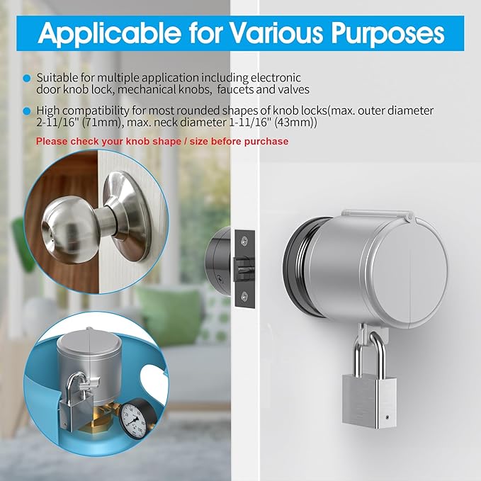 AST Door Knob Lockout Device with SS Padlock and Brass Keys, Childproof Door Knob, Security Lock for Toddler and Dementia Proof, Safety Cover, Doorknob Protection, Matte Silver with SS Padlock-CubbioJoy