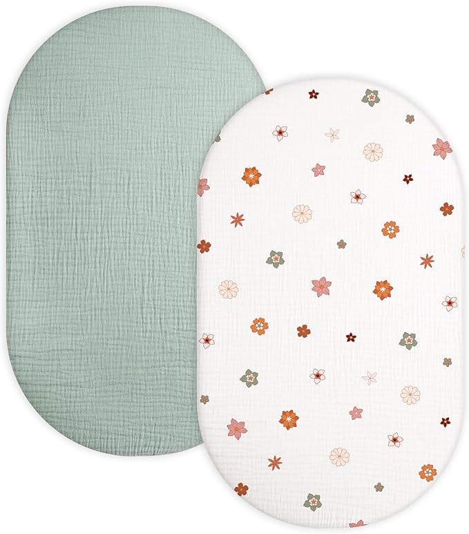 Bassinet Sheet for Baby Boy and Girl 2 Pack, Fitted Sheets for Rectangle, Oval, Hourglass Bassinet Mattress, Muslin Moses Basket Sheets with Neutral Style (Sage & Flower-B)-CubbioJoy