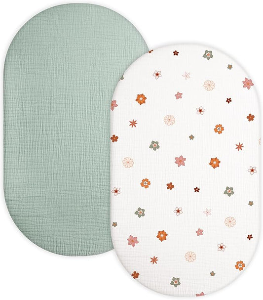 Bassinet Sheet for Baby Boy and Girl 2 Pack, Fitted Sheets for Rectangle, Oval, Hourglass Bassinet Mattress, Muslin Moses Basket Sheets with Neutral Style (Sage & Flower-B)-CubbioJoy