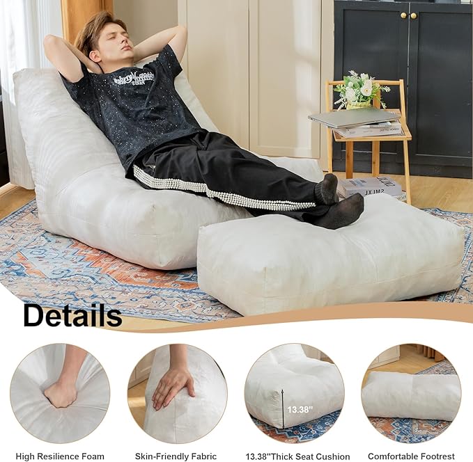 Bean Bag Chair with Ottoman, Comfy Bean Bag Sofa with Memory Foam, Lazy BeanBag Sofa with Footstool, Fireside Bean Bag Couch for Living Room, Bedroom, Apartment-CubbioJoy