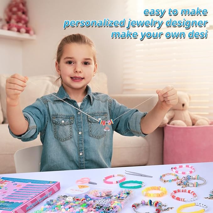 AIPRIDY 3600 Pcs Girls Toys Bracelet Making Kit, Unicorn/Mermaid Jewelry Activity, Flat College Style Beading for Friendship Jewelry Making, DIY Crafts for 4-12 Girls Birthday Christmas Gifts(Aqua)-CubbioJoy