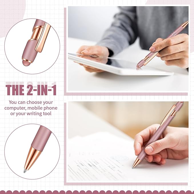 8 Pieces Ballpoint Pen with Stylus Tip Black Ink 2 in 1 Stylus Metal 1.0 mm Medium Point Smooth Pen Rainbow Colorful Rubberized Ballpoint for Touch Screen Tablet(Rose Gold)-CubbioJoy